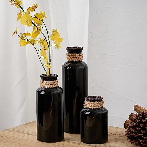 Ceramic Rustic Farmhouse Vase Set of 3,Terracotta Vases for Decor | Antique Black Vase for Your Bedroom,Office,Living Room,Fireplace Decor,Housewarming （10+7.5+5 Inch） - color: Black