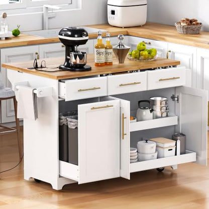 Kitchen Island with Trash Can Storage & Pull-Out Trays | Solid Rubberwood Countertop Kitchen Island on Wheels, Drop Leaf, Power Outlet, 3 Drawers - color: White