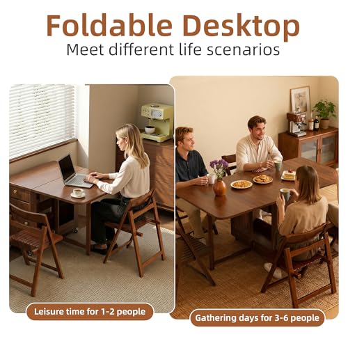 Small Drop Leaf Table - 51" Fully Assembled Folding Dining Table 4-6 Seater with Storage and Lockable Wheels, Space-Saving for Kitchen or Dining Room (Walnut) - color: Walnut, size: Only 51.18″L Table