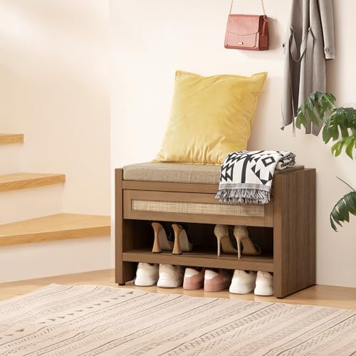 SICOTAS Rattan Shoe Bench Entryway Bench with Storage Drawer, Linen Cushion | Farmhouse Boho Shoe Rack with Shelf, Wooden Storage Bench for Entryway Hallway and Bedroom, Caramel Oak, 2PCS - color: Reclaimed Caramel Oak, size: 2 Pieces
