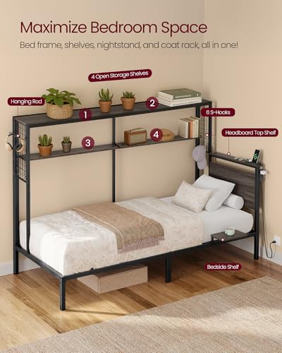 VASAGLE Twin Size Metal Bed Frame with Headboard, Multifunctional Storage, Built-in LED Lights, Charging Station, Bookshelf, Bedside Shelf, Space-Saving, No Box Spring Needed, Ash Brown URMB963K01 - color: Ash Brown