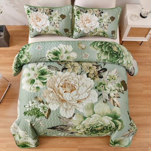 WONGS BEDDING Floral Quilt Set Queen, Sage Green 3 Pieces Elegant Flower Bedspread Coverlet for All Season Soft Microfiber Lightweight Reversible Quilt Bedding Set with 2 Pillow Shams 96"X90" - color: Sage Green, size: Queen 90"×96"