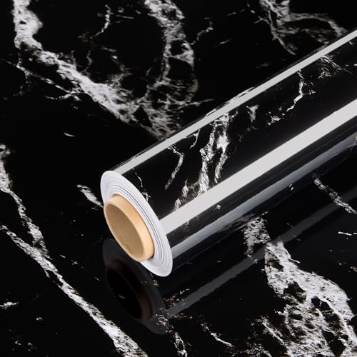 Glossy Marble Contact Paper Peel and Stick Wallpaper 17.7"x197" Black | Removable Waterproof Vinyl Wall Paper for Countertops Kitchen Cabinets Backsplash Furniture - color: Black, size: 17.7"W x 197"L