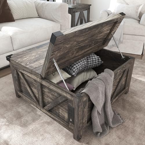 jimeimen Farmhouse Lift Top Coffee Table with Storage, Wood Square Center Table with Charging Station&USB Port, Living Room Table w/Large Hidden Space, for Living Room, Bedroom, Home Office, Dark Grey - color: Dark Grey