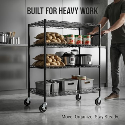 Finnhomy 4 Tier Heavy Duty Commercial Grade Rolling Cart with Handle Bar, Metal Wire Utility Cart with Wheels, Service Trolley on Wheels, Shelf Size 24" D x 36" W, NSF, Black - size: 36"L x 24"W x 46.7"H-4 Tier, style: Black Cart