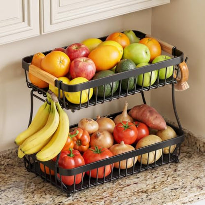 2-Tier Fruit Basket with Banana Hangers, Detachable Metal Bowl | Wooden handle, protective mats included. Versatile holder for bread, snacks, and veggies. Large 2 tier metal design. - color: Black, size: 2 Tier
