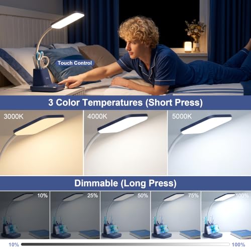 LED Desk Lamp with 10W Wireless Charging & Pen Holder, Navy Blue | CRI 95, 800LM, Stepless Dimming, 3 Modes, 360°Flexible Arm, Touch, Study Table Lamp for Home Office, Dorm Room, with Adapter - color: Navy Blue