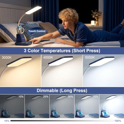 LED Desk Lamp with 10W Wireless Charging & Pen Holder, Navy Blue | CRI 95, 800LM, Stepless Dimming, 3 Modes, 360°Flexible Arm, Touch, Study Table Lamp for Home Office, Dorm Room, with Adapter - color: Navy Blue