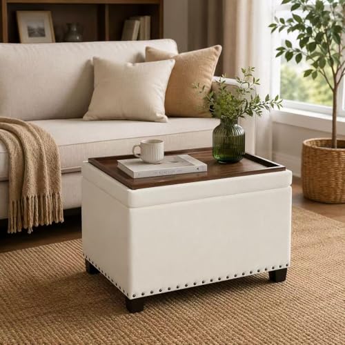 Homebeez Storage Ottoman with Tray Top, 22" Tufted Fabric Coffee Table with Storage, Foot Rest Ottoman with Nailhead Trim, for Living Room Bedroom, White - color: White Linen