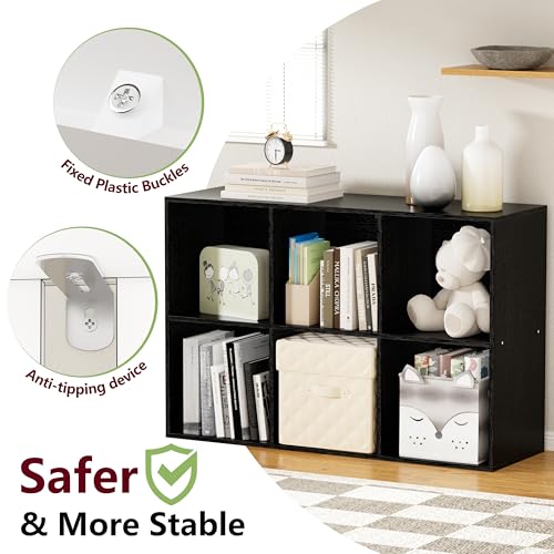 6 Cube Bookshelf with Closed Back Panel, 13.5-inch Wooden Cubby Shelves Heavy Duty - Bookcase for Living Room, Home, Office (Black) - color: Black, size: 6 Cube-13in