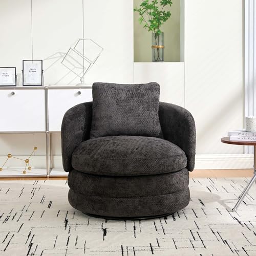 360° Small Swivel Accent Chair, Round Swivel Barrel Chair with Round Backrest & Wide Seat, Comfy Chenille Barrel Chairs for Living Room, Bedroom Easy 15-Min Assembly, Boucle (Dark Gray) - color: Dark Gray