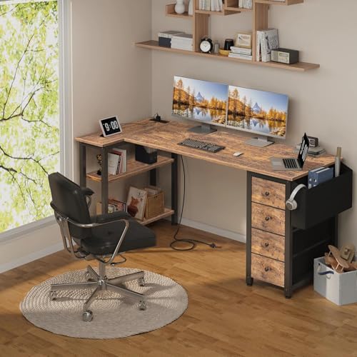 Lufeiya L Shaped Computer Desk with Drawers & Storage Shelves, 63 Inch Corner Desk with Power Outlet for Home Office Bedroom, L-Shaped Teen PC Gaming Desks with Fabric Drawer, Rustic Brown - color: Brown, size: 63"