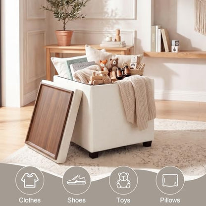 15 inch Square Storage Ottoman with Tray Lid,Modern Tufted Fabric Cube Coffee Table with Storage,Upholstered Ottoman with Removable Top for Living Room, Bedroom - color: Cream White With Tray