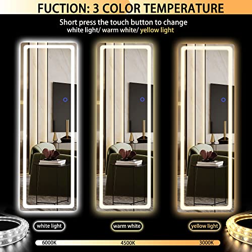 Hasipu Full Length Mirror with Lights, 56" x 16" LED Floor Mirror, Full Body Dressing Standing Mirror, Hanging Mounted Mirror for Living Room Bedroom Cloakroom, Round White