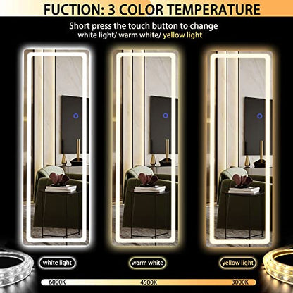 Hasipu Full Length Mirror with Lights, 56" x 16" LED Floor Mirror, Full Body Dressing Standing Mirror, Hanging Mounted Mirror for Living Room Bedroom Cloakroom, Round White
