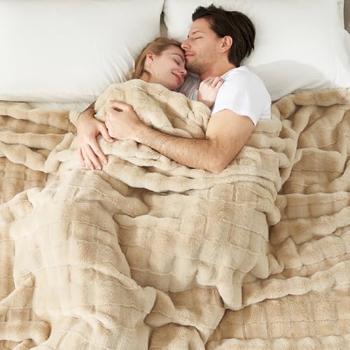 Cozy Bliss Fluffy Faux Fur Blanket King Size for Bed, Fuzzy Soft Striped Plush Blanket, Thick Throw for Bedroom Couch Gift, 108x90 Inches Beige - color: Beige, size: King(108" x 90")