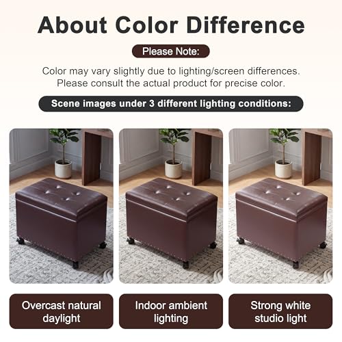 Homebeez 22 inch Storage Ottoman with Tray Top, Multi-Functional Faux Leather Coffee Table with Storage, Tufted Foot Rest with Nailhead Trim for Living Room, Reddish Brown - color: Reddish Brown With Wheels