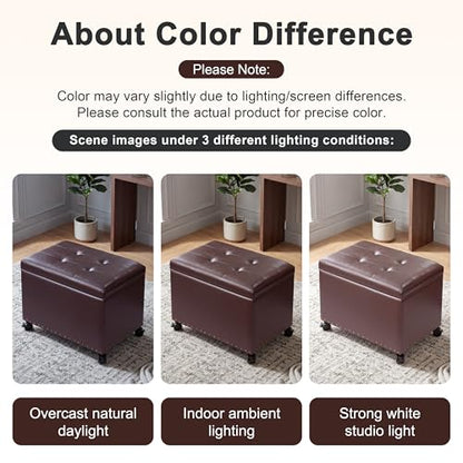 Homebeez 22 inch Storage Ottoman with Tray Top, Multi-Functional Faux Leather Coffee Table with Storage, Tufted Foot Rest with Nailhead Trim for Living Room, Reddish Brown - color: Reddish Brown With Wheels