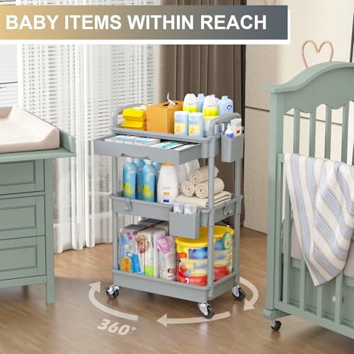 Goovilla 3 Tier Rolling Utility Cart Organizer with Removable Drawer, Grey | Stable and Sturdy Rolling Storage Carts with 2 Lockable Wheels for Bathroom, Kitchen, Snack, Craft, Makeup, Baby Essentials - size: 3 Tier, style: Gray