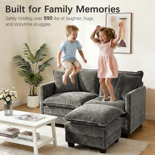 52" Loveseat Sofa, L-Shaped Cloud Love Seat Couches with Ottoman | Comfy Chenille Modern Love Seat with 2 Pillows, Small Loveseat for Small Spaces, Living Room, Bedroom, Apartment,Grey, 52" L - color: Grey, size: 52" L