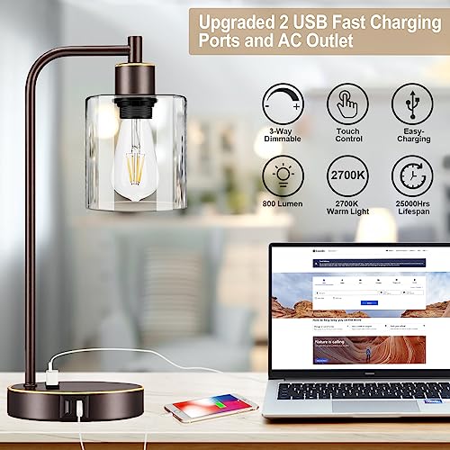 Industrial Touch Table Lamps Set of 2 - Bedside Lamps with 2 USB Ports & AC Outlet, 3-Way Dimmable Nightstand Desk Lamp for Bedroom Living Room, Glass Shade & 2 LED Bulbs Included - Oil-Rubbed Bronze - color: Oil-Rubbed Bronze with Gold Edge