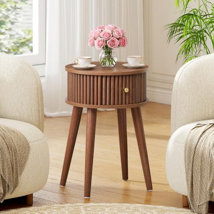 Round Fluted Side Table Set of 2, Small End Table with Fluted Drawer, Mid-Century Modern Wooden Bedside Table Round Nightstand Small Sofa Side Table for Living Room(Walnut) - color: Walnut, size: 15.7"D x 15.7"W x 23.6"H