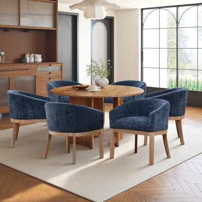 Modern Upholstered Barrel Dining Chair Set of 6, Natural Hardwood Frame, Farmhouse Linen Chairs for Dining Room, Kitchen(Blue) - color: Blue, size: Set of 6