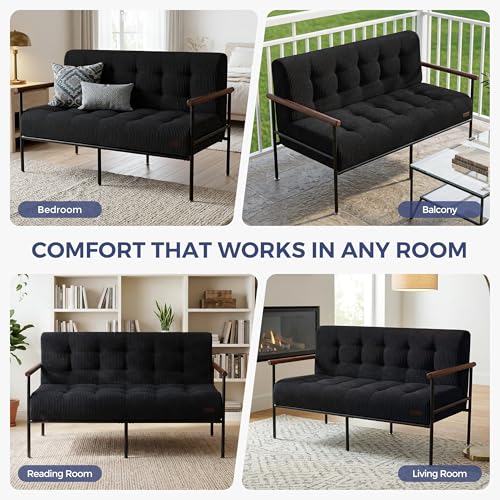 MAXYOYO Loveseat Sofa Chair, Love Seat, Sturdy Metal Frame, Wood Armrests | Button-Tufted Upholstery, Cozy Two-Person Seating for Modern Small Couches in Living Rooms, Bedrooms or Offices, Black - color: Black