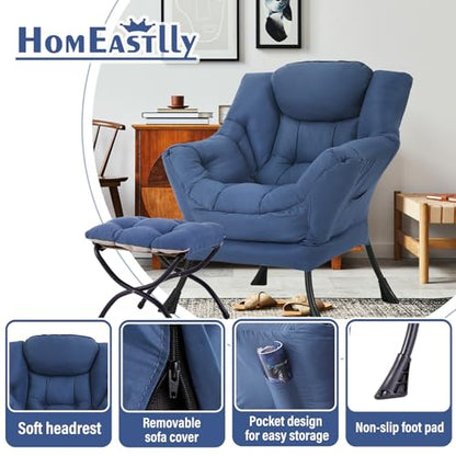 Lazy Chair with Ottoman, Soft Comfy Chair for Bedroom, Blue | Reading Accent Lounge Chair with folding Foot Stool for Living Room Dorm Apartment, sturdy metal frame - color: Royal Blue
