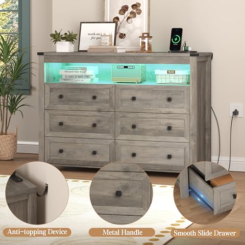 Grey Dresser 6 Drawer Dressers for Bedroom with LED Lights, Charging Station, Wood Chest of Drawers with Metal Handles, Modern TV Stand Storage Cabinet for Living Room, Hallway, Entryway, Gray - color: Grey, style: LED 6 Drawers