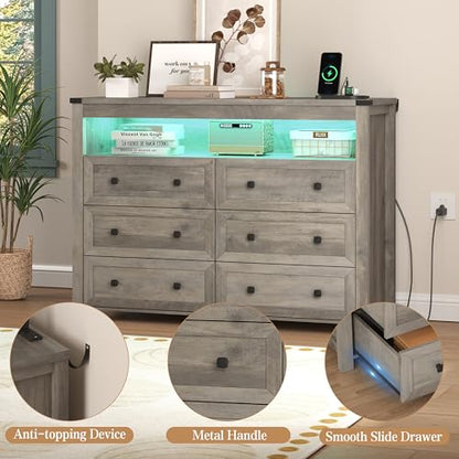 Grey Dresser 6 Drawer Dressers for Bedroom with LED Lights, Charging Station, Wood Chest of Drawers with Metal Handles, Modern TV Stand Storage Cabinet for Living Room, Hallway, Entryway, Gray - color: Grey, style: LED 6 Drawers
