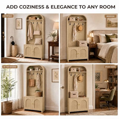 Narrow Entryway Hall Tree with Storage Bench, Modern Fluted Coat Rack and 2-Door Shoe Cabinet for Small Spaces, Arched Mudroom Organizer to Hide Clutter, Natural