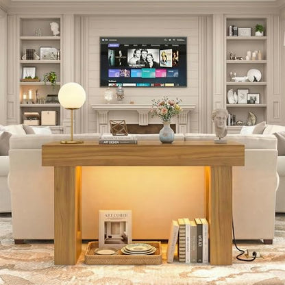 47" Narrow Console Table with Socket & Sensor Light, Farmhouse Entryway Table, Behind Couch Table, Hallway/Living Room/Couch Armrest Table, Light Knotty Oak