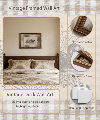 Vintage Gold Framed Duck Wall Art - Cottage Core Farmhouse Wall Decor, Rustic Brown Gingham Duck Wall Decor Picture Country Cottage Illustration Poster Print Artwork for Living Room Bedroom 12x16in - color: Duck, size: 16"L x 12"W