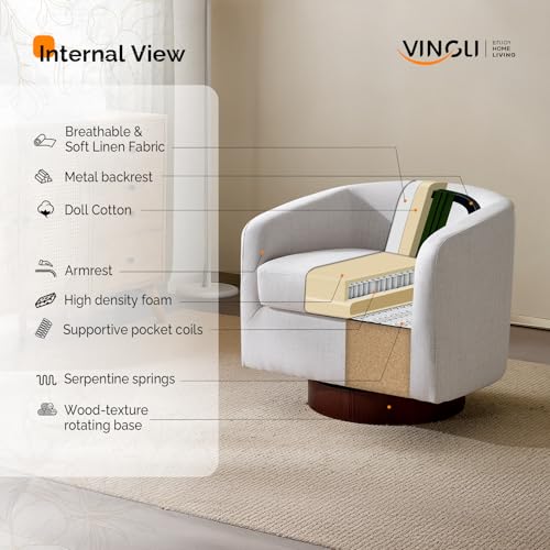 VINGLI 360°Swivel Accent Chairs Set of 2 with Engineered Wood Base and Removable Cushion for Living Room, Bedroom, Curved Back Barrel Chairs for Small Space, Upholstered Bucket Armchairs, Linen Beige - color: Linen-beige