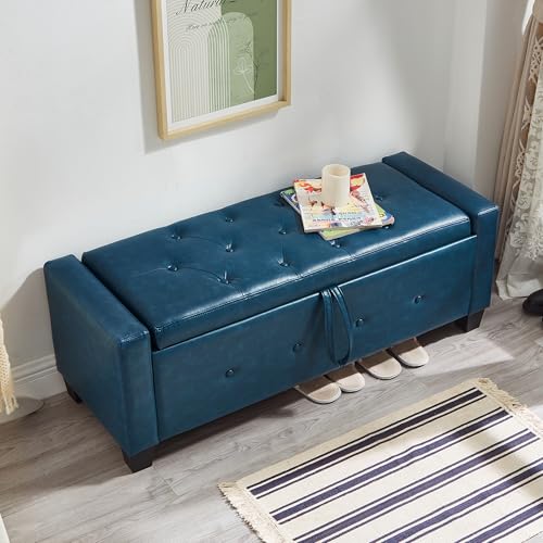 Storage Bench, 48‘’ Upholstered PU Leather Ottoman Bench with Button-Tufted, Folding Bedroom Bench with Wood Legs, Entryway Bench for Bedroom, Navy Blue - color: Navy Blue