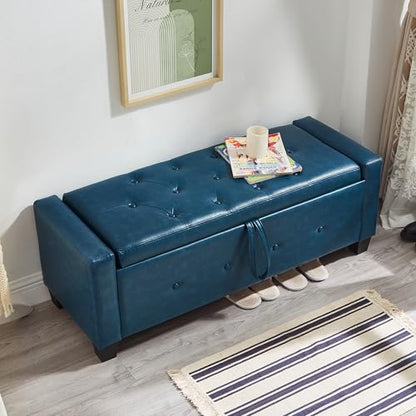 Storage Bench, 48‘’ Upholstered PU Leather Ottoman Bench with Button-Tufted, Folding Bedroom Bench with Wood Legs, Entryway Bench for Bedroom, Navy Blue - color: Navy Blue
