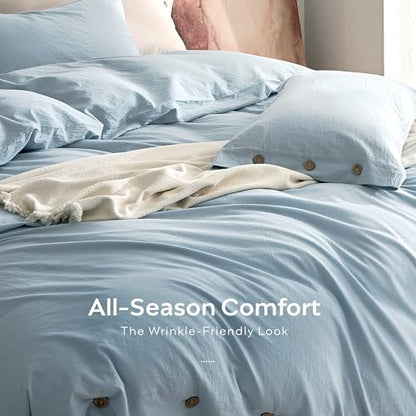 JELLYMONI 100% Washed Cotton Baby Blue Duvet Cover Twin, Linen-Like | OEKO-TEX Certified, Soft, Breathable Percale Bedding with Natural Wrinkle Texture, Button Closure, 2-Piece Set, 68"x90" - color: 01- Baby Blue, size: Twin(68"×90")