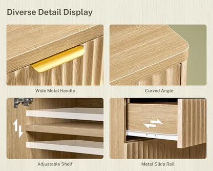 63" Fluted Buffet Sideboard Cabinet with Storage, Buffet Table Coffee Bar Wine Bar Storage Cabinet with Adjustable Shelf for Living Room, Kitchen, Natural - color: Natural- Drawer