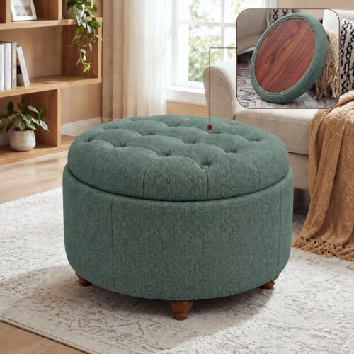 25" Round Ottoman with Storage, Small Coffee Table with Reversible Tray Lid | Tufted Fabric Round Storage Ottoman with Solid Wood Legs, 3-in-1 Footrest for Living Room, Bedroom, Entryway, Green - color: Green