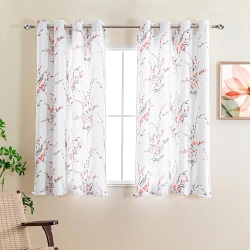 MYSKY HOME Short Floral Curtains 63 Inch Length 2 Panels for Cafe | Thermal Insulated Light Filtering with Leaf Pattern Printed for Kitchen Girls Bedroom Nursery Bathroom, 52" W, Coral, Grommet - color: B-coral, size: 52"W x 63"L (Pack of 2)