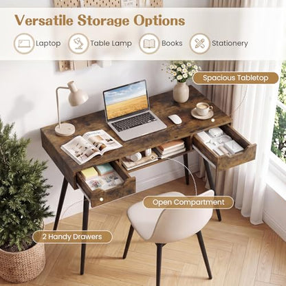 GIANTEX Mid Century Modern Computer Desk with Drawers, 42.5" Writing Desk with Open Storage Cubby, Vanity Table with Metal Leg, Compact Wooden Study Table for Small Spaces Home Office (Rustic Brown) - color: Rustic Brown