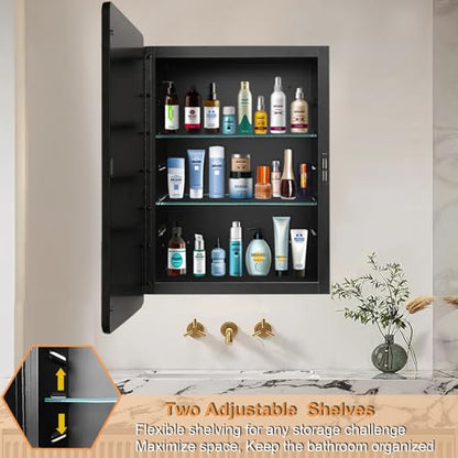 20x26 Medicine Cabinet with Mirror, Bathroom Storage Cabinet Mirror | Wall-Mounted or Recessed, Black Metal Frame, Adjustable Glass Shelves, Bathroom Vanity Mirror with Storage - size: 20"W x 26"H