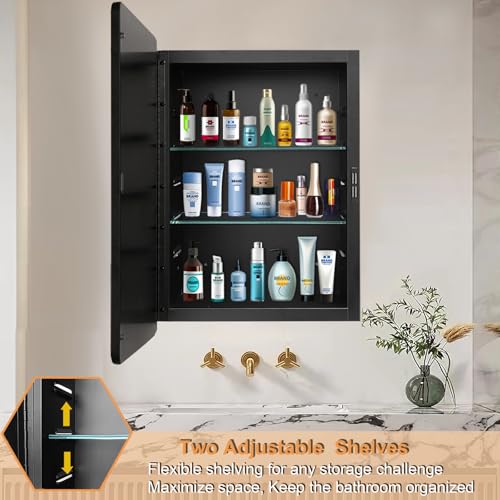 22x30 Medicine Cabinet with Mirror, Bathroom Storage Cabinet Mirror | Wall-Mounted or Recessed, Black Metal Frame, Adjustable Glass Shelves, Bathroom Vanity Mirror with Storage - size: 22x30