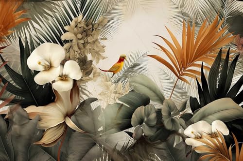 Toolhom Flower Series Mural Colorful Leaves Seamless wall Mural | 170"x108" non-self-adhesive birds resting on flowers wallpaper for bedroom, living room, bathroom background wall decoration - color: MURAL-217, size: 170" x 108"
