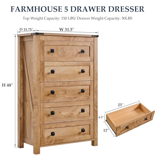 T4TREAM 48" Tall Farmhouse 5-Drawer Dresser for Bedroom, Light Knotty Oak | Rustic chests of drawers, Wood Storage Cabinet, Metal Handle, Unique Corner Accent, Bedroom, Living Room, Hallway - color: Light Knotty Oak, size: 15.8"D x 31.3"W x 48"H (5 Drawer