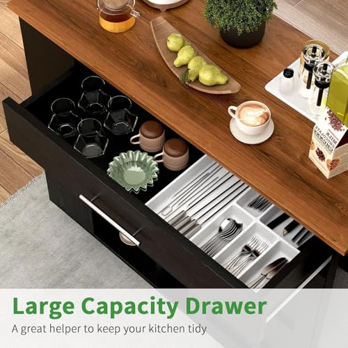 Kitchen Island with Storage, 39'' W Rolling Kitchen Island on Wheels, Black | 3-Tier Spice Rack, Drawer Storage, Adjustable Shelf & Towel Rack, Casters, Mobile Island Table for Kitchen, Dining Room - style: BLACK