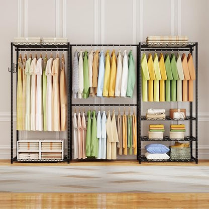 ecobedding Heavy Duty Garment Rack, 900LBS Max Load Freestanding Closet Organizer with 6 Storage Shelves & 3 Adjustable Hanging Rods, Multifunctional (Black, 15.75" D x (69.7~88.2)" W x 79.5" H)