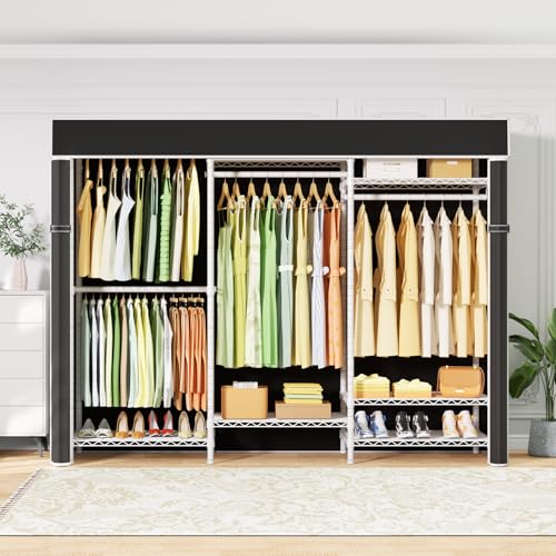 E13C Heavy Duty Closet Organizer System，Freestanding Clothing Racks for Hanging Clothes，Adjustable Garment Rack 63" W x 16" D x 77" H Hold 960 lbs，White Clothing Rack with Black Dustproof Cover - color: White Rack With Black Cover, size: E13C