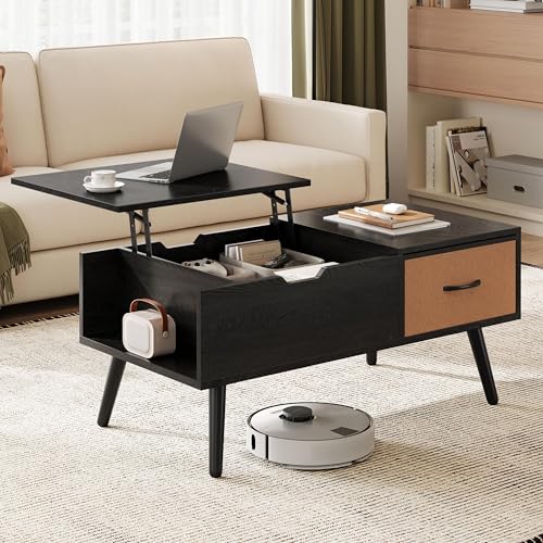 Yaheetech Lift Top Coffee Table for Living Room, Wooden Small Center Tables with Large Storage Shelf Drawer and Hidden Compartment Modern, Black - color: Black